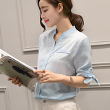 v领衬衫女韩范2016夏季新款女装 短袖气质雪纺短袖衬衣百搭白衬衫