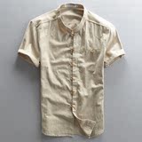 2016夏男士复古亚麻短袖衬衫中国风修身透气薄款纯色半袖盘扣衬衣