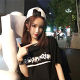 2016夏季新款韩版宽松显瘦百搭黑色中长款印花圆领字母短袖T恤女