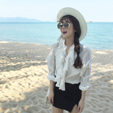 夏装新款韩版甜美小清新荷叶边长袖纯色系带雪纺衫衬衫气质衬衣女
