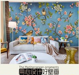 美式复古花鸟墙纸 客厅沙发卧室床头背景墙壁纸 手绘墙纸无缝壁画