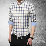 秋季衣服长袖衬衫男士青年格子袖扣衬衣纯棉休闲修身韩版新品潮流