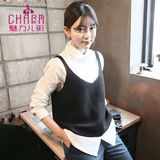 2016春季韩版女装 时尚百搭女长袖衬衫 白+毛线针织吊带背心套装