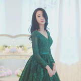 2016新款韩版晚礼服 长袖蓬蓬裙高腰蕾丝韩式新娘结婚敬酒服大摆