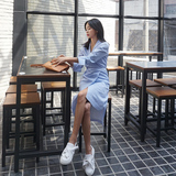 韩国 初秋 chic 个性 气质 不规则 显瘦 绑带 V领条纹连衣裙长裙