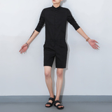 原创夏季潮男士立领七分袖衬衫 发型师连体衣休闲短裤 黑K115/P85