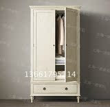 美式乡村双开门实木大衣柜卧室简约欧式复古实木白色做旧储物家具