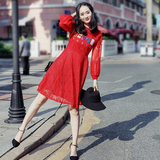 高端定制 2016秋季新款品牌女装红色长袖蕾丝镂空名媛气质连衣裙
