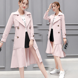 2016韩国新款时尚双排扣修身显瘦中长款外套女纯色气质风衣包邮