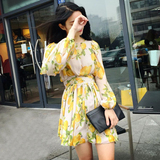 2016新款中长款印花Lin早春必入款清新柠檬超正版型灯笼袖 连衣裙