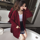2016秋季新款女毛衣外套韩版中长款口袋宽松粗线麻花针织衫开衫女