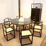 新中式实木餐桌椅组合6人现代简约黑色圆餐桌椅 酒店别墅餐厅家具