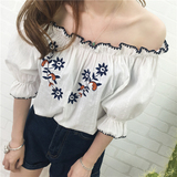 2016夏季新款 韩国订单一字领甜美森系泡泡袖刺绣衬衫棉麻上衣女
