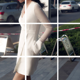 2016夏装新款名媛ol气质白色V领连衣裙透视长袖衬衫袖短裙子