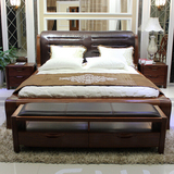 现代中式柚木色双人床1.8高箱皮床皮艺软靠床气动储物实木床