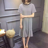 MISS LU 2016夏新款韩版休闲圆领条纹鱼尾连衣裙中长款T恤裙