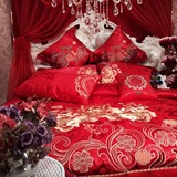 中式全棉婚庆四件套大红色新婚刺绣床单款床笠款床品