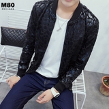 M80男装 亮面豹纹夹克外套男式韩版修身外套加肥加大码潮胖棒球服