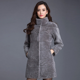 2016冬季新款羊羔毛皮毛一体大衣女中长款条纹拼接羊剪绒皮草外套