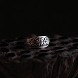 《富贵花开》990纯银 老银饰 旧时光 怀旧 雕花花卉 开口戒指