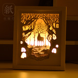 3D立体光影纸雕灯麋鹿剪纸灯床头装饰相框小夜灯卧室创意礼品台灯