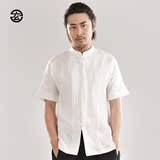 2016夏季新款原创中国风男装立领中袖衬衣白色亚麻短袖衬衫男