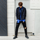 CE自制潮男韩国秋装黑色外套青少年抽绳韩版宽松BF风短款风衣夹克