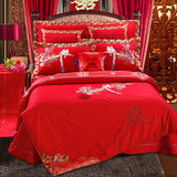婚庆四件套纯棉床品床单式四件套大红色1.8m米绣花被套子2米包邮