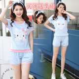 夏季新款短袖睡衣女士薄款纯棉胖MM大码韩版卡通猫可爱家居服套装