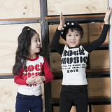 5码现货韩国童装男童女童2016春黑白条纹拼色长袖字母T恤正品代购