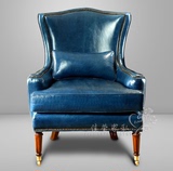 新款欧式美式新古典实木单人沙发皮艺老虎椅高背椅卧室书房酒店椅