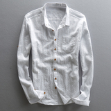 夏季薄款男士长袖棉麻白衬衫休闲修身亚麻衬衣格子条纹文艺民族风