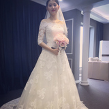 婚纱礼服2016新款一字肩小拖尾甜美韩式新娘结婚修身显瘦花朵夏季