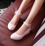 2016春秋内增高女单鞋粉色甜美学生鞋浅口中低跟一字扣坡跟春鞋女