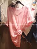 现货夏装新款女装潮韩国代购纯色V领破洞开叉休闲大码t恤女J1863