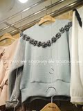 韩国代购2015冬装绒衫甜美立体花朵贴布拼色圆领卫衣女套头N2619