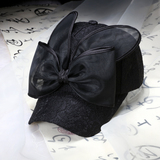 可爱韩国黑色蕾丝兔耳朵鸭舌帽青少年女春夏季逛街出游遮阳棒球帽