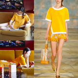 2016时装周刘雯明星同款夏季休闲两件套黄色蕾丝短裤套装女时尚