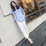 条纹衬衫女韩范2016夏季新款明星同款菠萝印花中长款翻领短袖衬衣