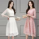 2016韩版秋季装新款蕾丝七分袖连衣裙子女中长款宽松时尚大码显瘦