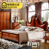 特价美式乡村家具全实木双人床欧式真皮床1.8米复古深色储物婚床