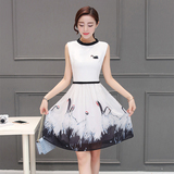2016夏季新款高端气质女装韩版修身高腰中长款无袖优质雪纺连衣裙