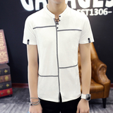 夏季新款潮流个性特色格子短袖T恤衬衫韩版修身男士装靓仔青少年