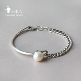 S925纯银天然淡水珍珠不对称手镯链条手链镯子酷炫时尚潮人韩版女