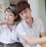 情侣装短袖衬衫2016夏装新款韩版夏季立领TB条纹学生休闲白色衬衣