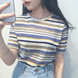 夏装韩国chic甜美学院风彩色条纹冰丝棉tee短袖T恤女韩范学生上衣