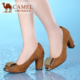 Camel骆驼女鞋 秋季套脚单鞋 羊皮浅口圆头高跟粗跟单鞋通勤休闲