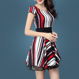 2016新款女装短袖条纹连衣裙夏季韩版大码显瘦修身短裙时尚雪纺裙