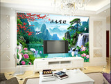 中式风景流水生财大型壁画客厅电视背景墙壁纸无缝整张无纺布墙纸