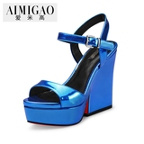 AIMIGAO爱米高2016夏季新款 牛皮露趾高跟防水台凉鞋坡跟扣带女鞋